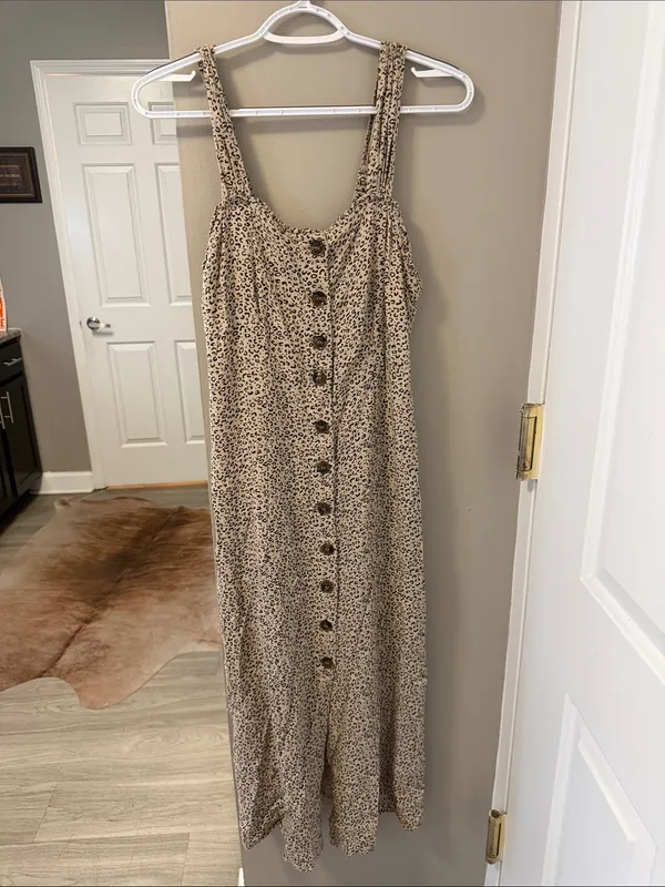Japna Leopard Print Midi Dress Western Boho Button Front Smocked Back L - Image 2