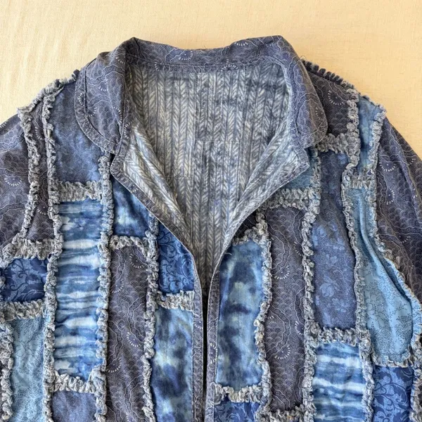 Handmade Patchwork Jacket Women L Blue Quilted Rag Style Artisan Boho Chore Coat - Image 7