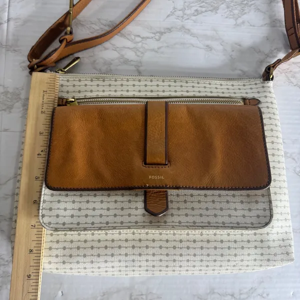 Fossil kinley Women's Crossbody Bag Key Pattern Canvas Leather Trim Cream Brown - Image 6