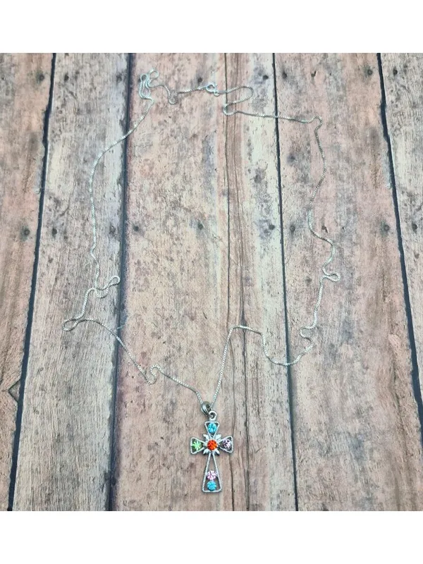 925 Sterling Silver Box Chain Pendant Necklace Dainty 30" Colorful Crystal Cross - Image 7