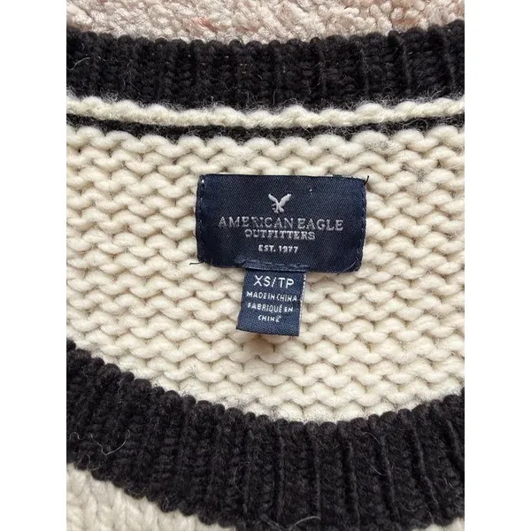 American Eagle Fair Isle Chunky Cable Knit Wool Blend Sweater Cream Black XS - Image 3