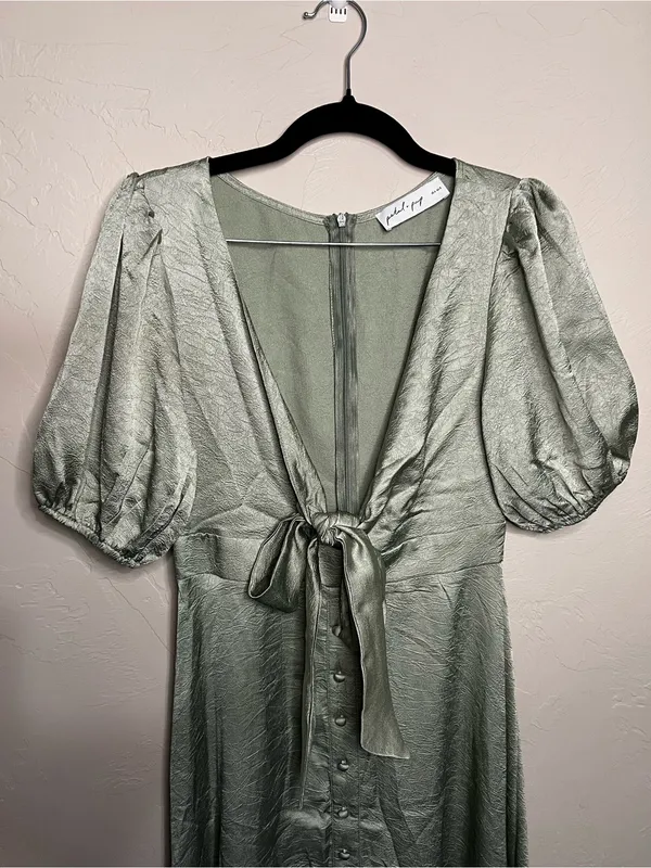 Petal & Pup Piper Sage Green Shiny Tie Front Button Front Midi Dress - Image 3