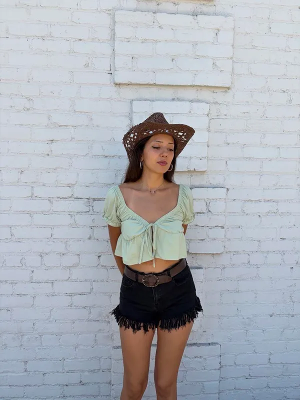 ZARA sage green tie front crop top sz XS #western #cowgirl #boho #summer - Image 2