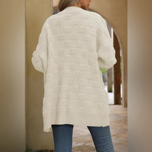 NEW Ivory Oversized Checkered Chunky Cardigan Sweater Open Front XL - Image 2