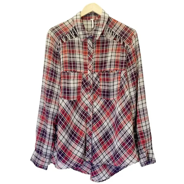 Free People Stitch Detail Plaid Boho Western Snap Shirt in Ash Combo Size Medium - Image 13