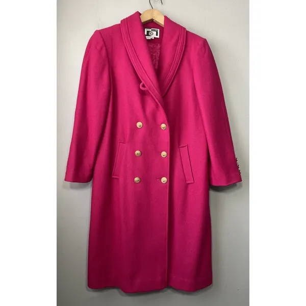 Vintage Fuchsia Pink Trench Coat Womens Size 14 Wool Double Breasted Glam 80s - Image 3