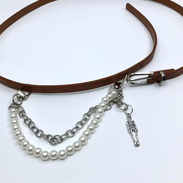 Vintage Y2K Whimsygoth Skeleton Pearl Chain Belt, Fits 33–36 Inches, X7GA1193 - Image 8