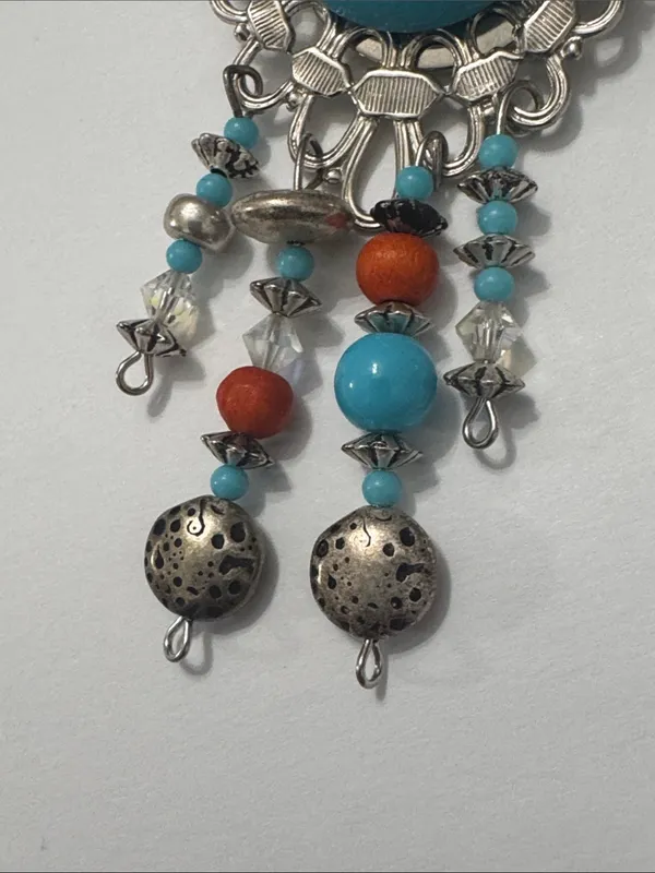 Vintage Turquoise& Coral Dangle Brooch — Silver-Tone Women’s Jewelry - Image 4