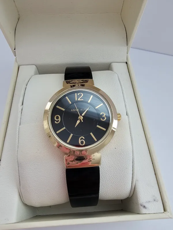 Anne Klein AK/2476 Black Resin Bangle Watch Gold Tone Round Face with Box - Image 5