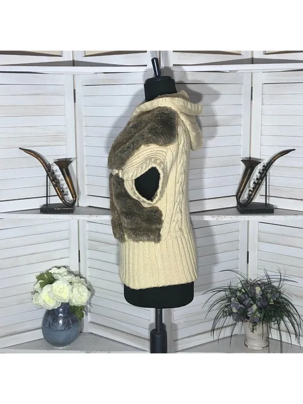 Vintage Faux Fur vest cable knit warm hooded ski resort travel cottage 70's boho - Image 4