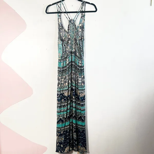 Angie Maxi Dress Women's Small Teal‎ Blue Boho Paisley Print Strappy Racerback - Image 2