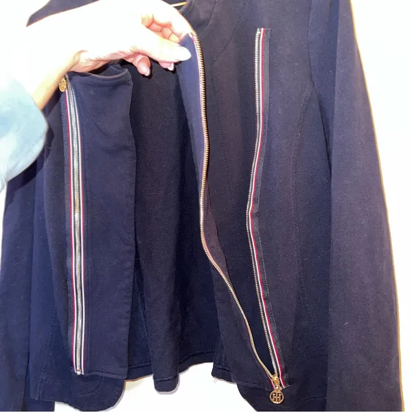Tommy Hilfiger Navy Zip Front Jacket Gold Logo Details Size L‎ - Image 4