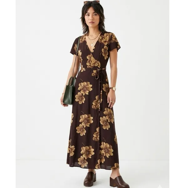 J. CREW VINTAGE Women's 6 Floral Wrap Maxi Dress Flutter Sleeve Brown 90s Y2K - Image 15