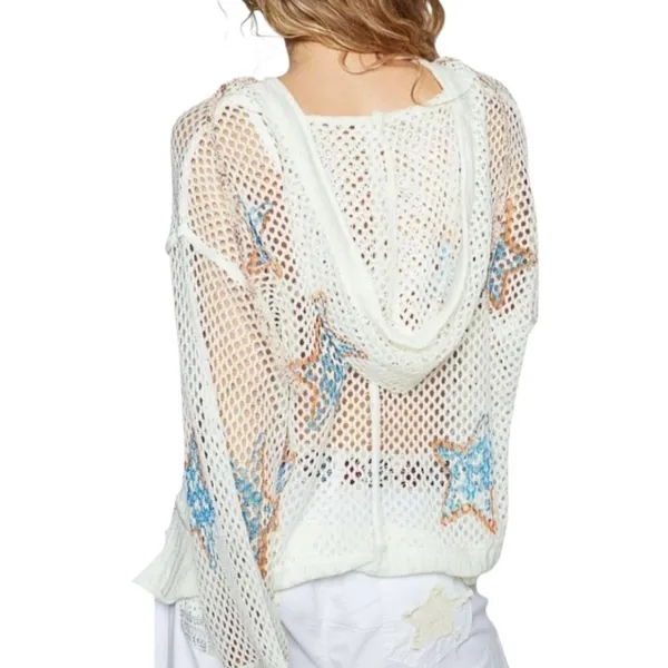 POL White Mesh Star Crochet Hoodie with Blue and Orange Accents - Image 2