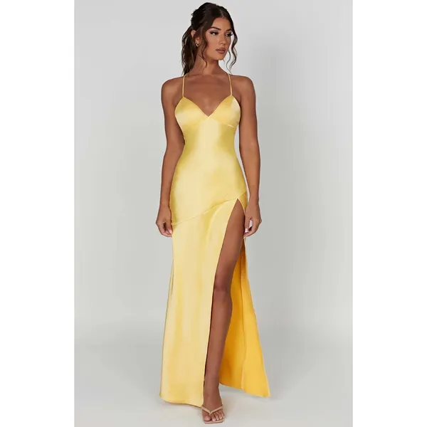 NWT Babyboo Isobel Lemon Yellow Satin Lace Up Back High Slit Maxi Dress Size M - Image 6