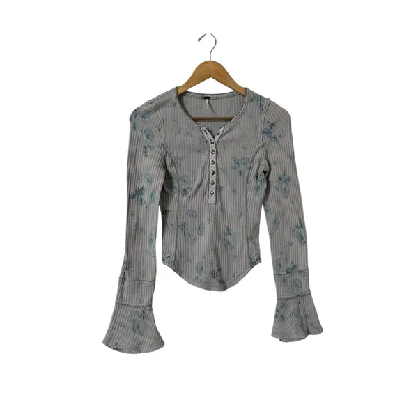 FREE PEOPLE Layer Me Blue Tie Dye Bell Sleeve Thermal Top Shirt Tunic - Image 4