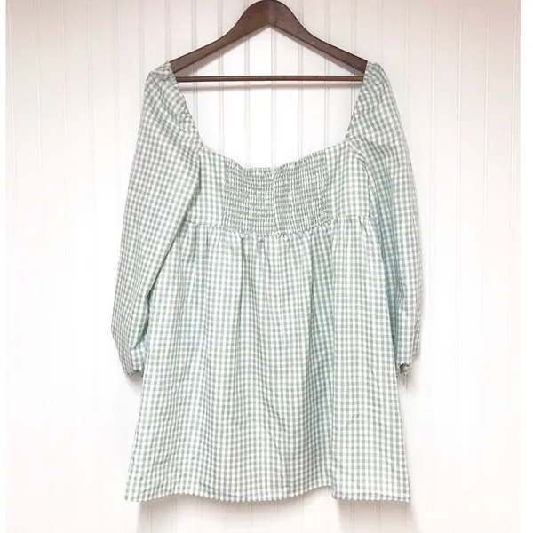 GIANNI BINI Green Gingham Mini‎ Peasant Dress Long Sleeves Low Cut Size 8 New - Image 4