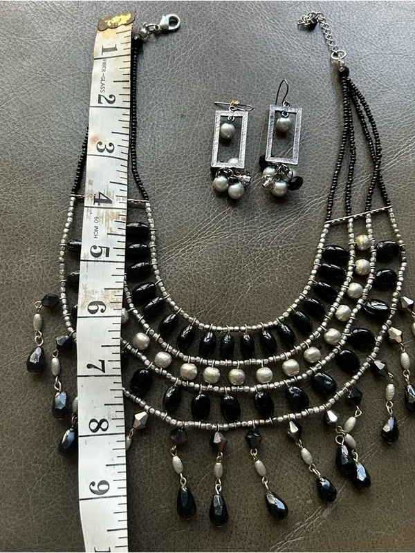 Black Beaded Statement Necklace and Earrings Set - Elegant Women's Jewelry - Image 4