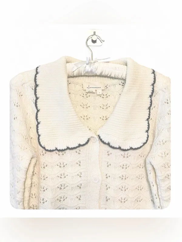 Anthropologie Women’s Collared Pointelle Button Front Cardigan Sweater Size L - Image 8