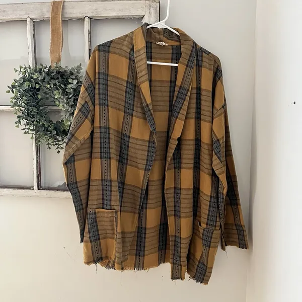 POL Oversized Boho Yellow and Blue Plaid Blazer Jacket Raw Hem Patch Pocket Sz M - Image 2