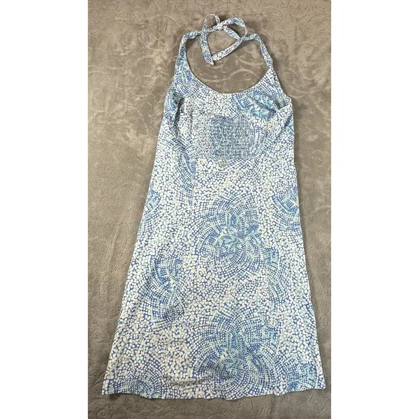 Columbia PFG Halter Dress Medium Blue Aqua Print Smocked Back Beach Sundress - Image 4