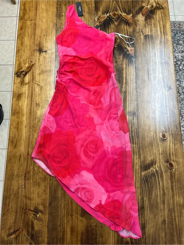 Lulus Pretty Serene Pink Floral One-Shoulder Asymmetrical Midi Dress Size XS NWT - Image 8