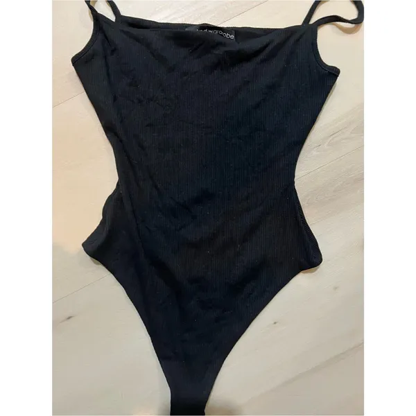 Naked Wardrobe NEW Women Black Spaghetti Strap Ribbed Knit Bodysuit - Image 2