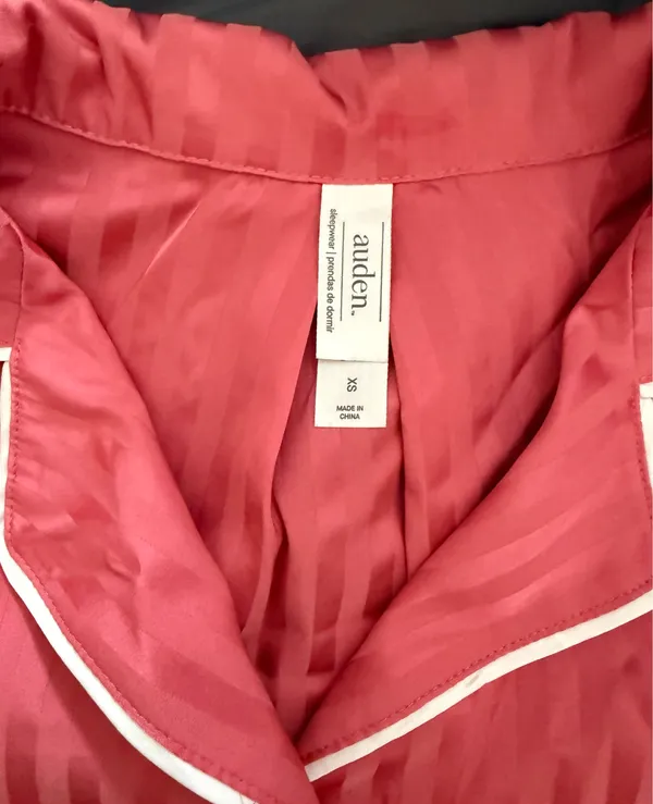 Auden Coral Pink Satin-Stripe Pajama Set with White Piping - Image 5