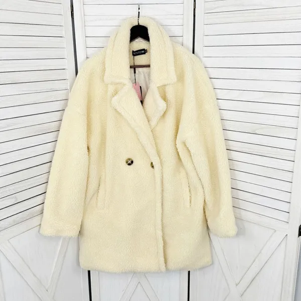 Pretty Little Thing Faux Sherpa Double Breasted Teddy Coat Cream 10 Borg‎ Lapel - Image 10