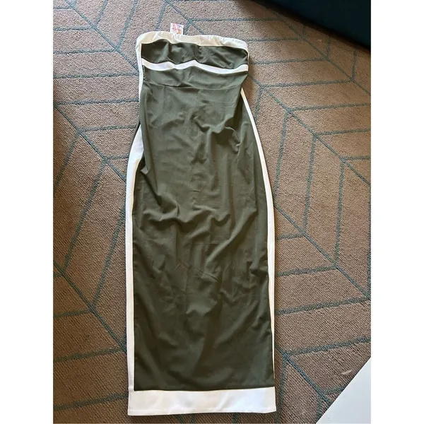 PRETTYGARDEN NEW Olive Green Bodycon Strapless Slit Cocktail Party Tube Maxi Dress S - Image 4