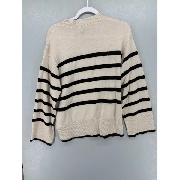 H&M Divided Women Sweater Cream Black Striped Nautical Knit Medium‎ - Image 3
