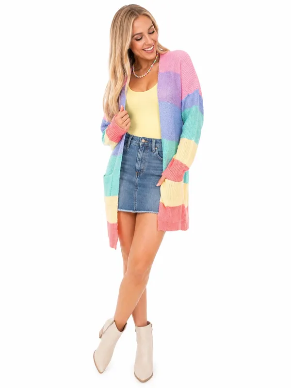 ZESICA XL Pastel Rainbow Colorblock Long Open Front Knit Cardigan Pockets - Image 7