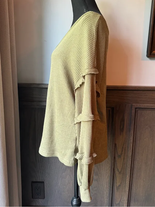 BTFBM Ruffled Sleeve V-Neck Knit Top — Olive large - Image 3