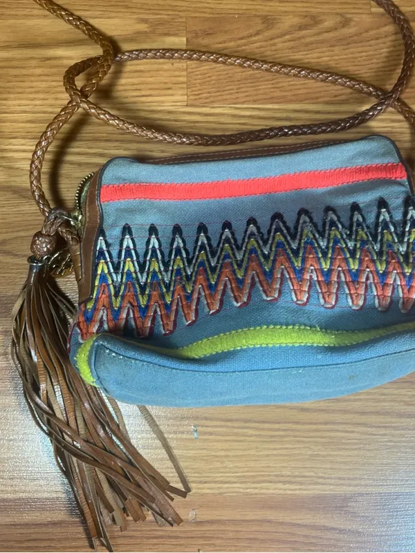 Tory Burch Gray Canvas Crossbody with Multicolor Zigzag Embroidery - Image 2