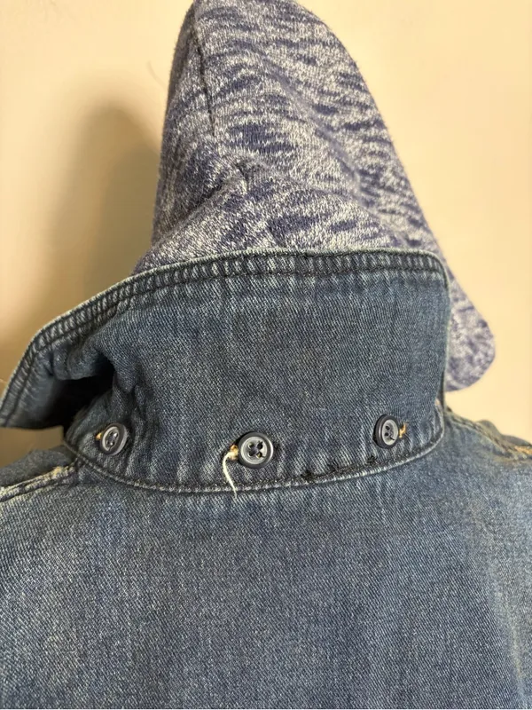 Free People Distressed Denim Jean Jacket W/ Knit Sleeves & Hood - Image 4