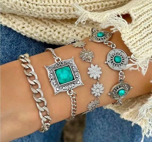 4Pcs Turquoise Boho Bracelet Set Silver - Image 2