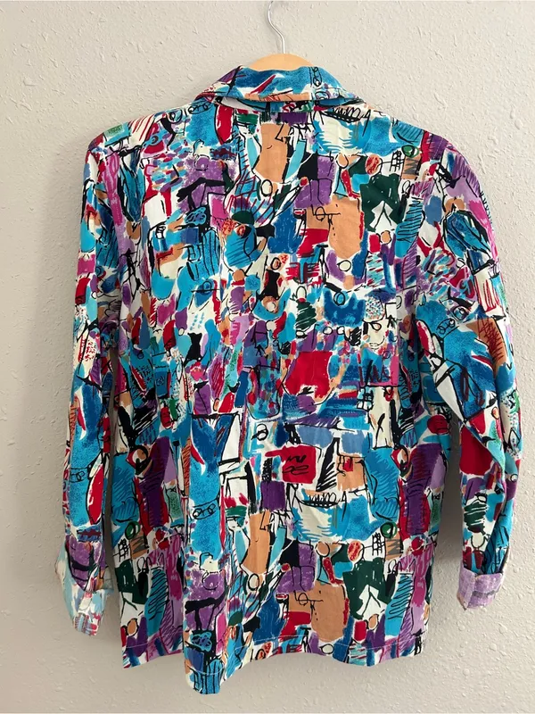 KEREN hart Colorful Abstract Button-Down Shirt Turquoise, Purple & Red Vintage - Image 3