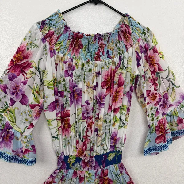 TAJ by Sabrina Crippa Dress Womens Size M Blue Floral Smocked Ruffle Mini Dress - Image 2