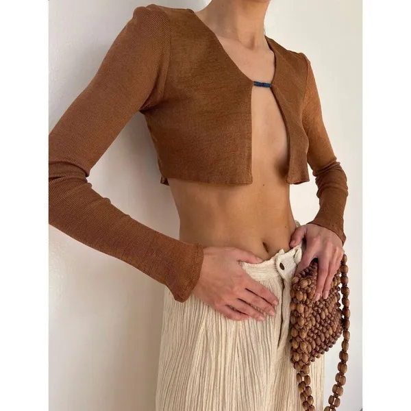 NWT Savannah Morrow Birdie Top in Cocoa Brown Cropped Long Sleeve Size Small - Image 9
