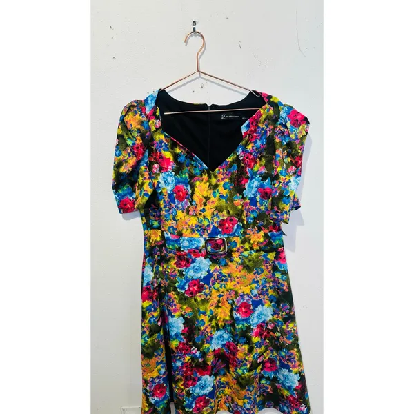 New York & Co Multicolor Floral V-Neck Puff Sleeve Belted Fit & Flare Midi Dress - Image 5