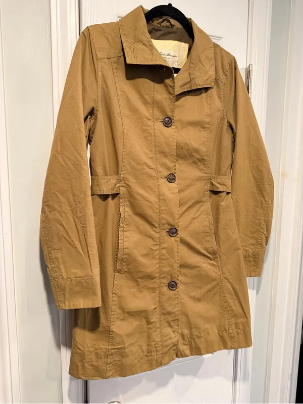 Eddie Bauer Size XS Tan Khaki Button Front Lined Mid Length Trench Coat Jacket - Image 3