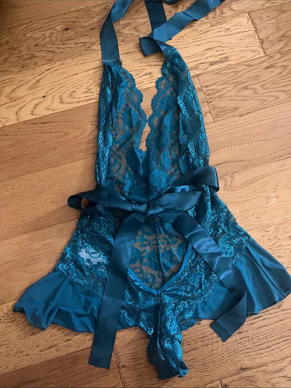 NEW - XL - AVIDLOVE - Teal Lace Halter Babydoll Teddy with Satin Bows - Image 6