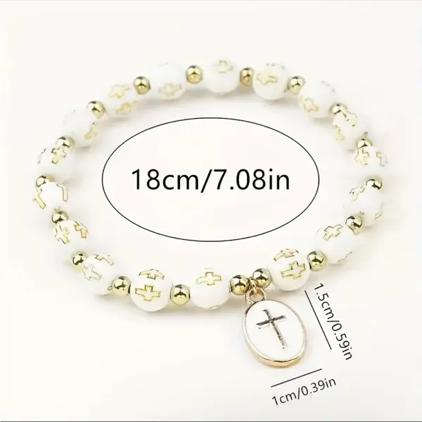 White Stylish Elastic Beaded Cross Charm Bracelet‎ Enamel Oval Cross Beaded - Image 5