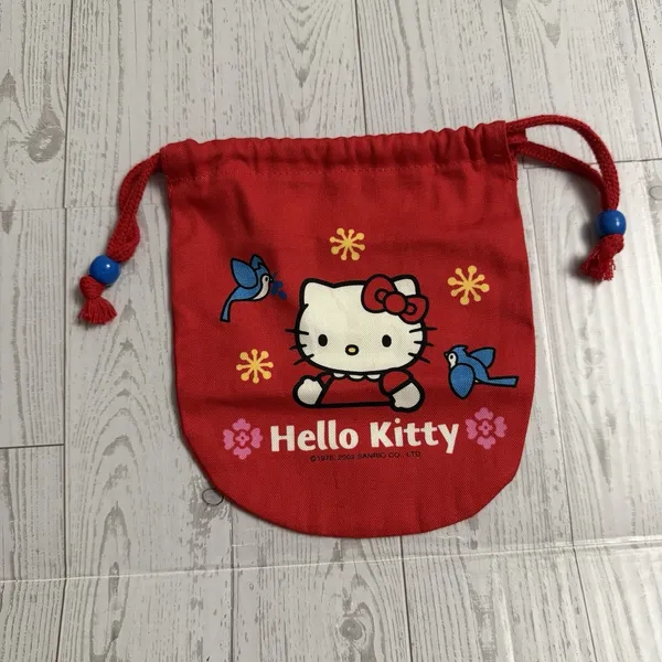 Hello‎ Kitty 2002 Vintage Red Drawstring Bag With Blue Birds Pouch Makeup Change - Image 2
