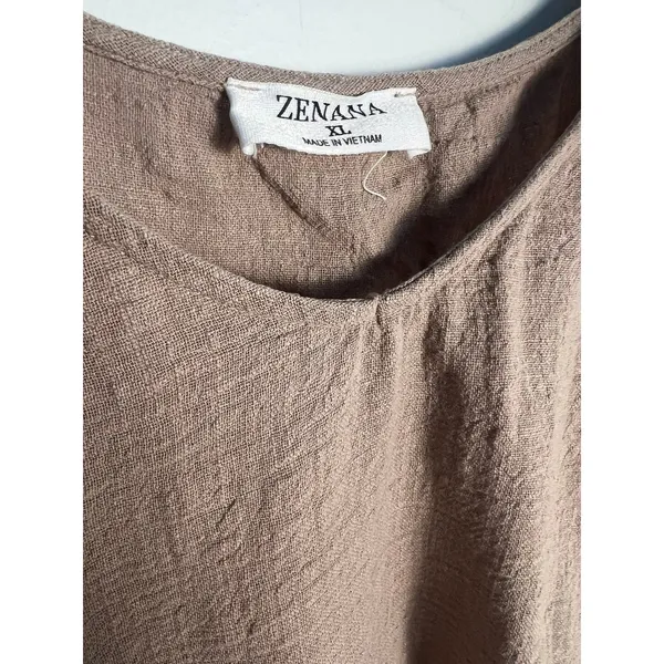 Zenana Wm XL Brown Crop Cotton Gauze V-Neck Cuffed Short Sleeve Top Minimalist - Image 2