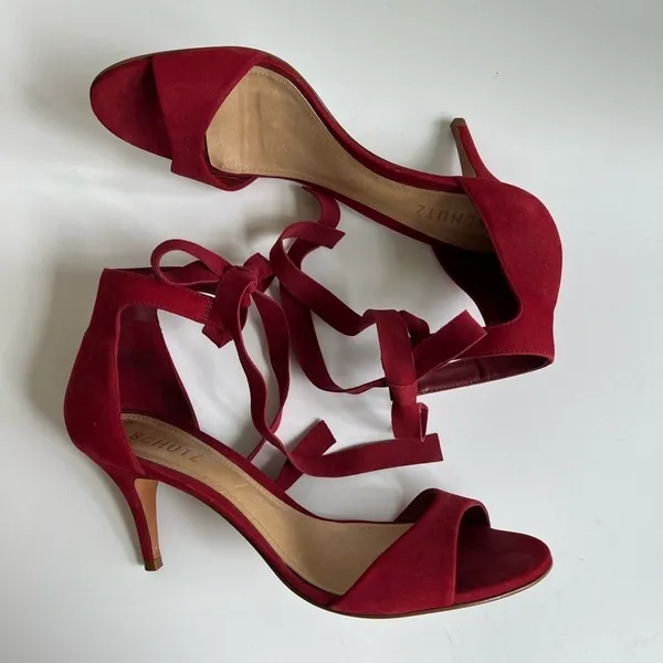 Anthropologie Schutz Tilan Red Suede Ankle Tie Stiletto Heels Women's Size 9 - Image 4