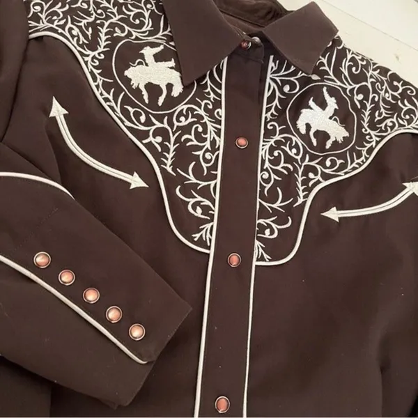 ROPER Brown Bucking Bronc Embroidered Western Snap Shirt Vintage Size Large - Image 5