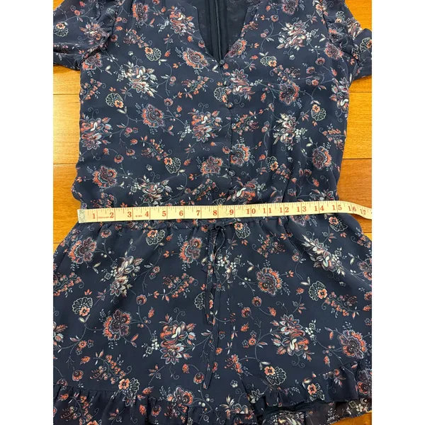Joie Romper Womens Navy Blue Floral Ruffle Long Sleeve V-Neck Size M - Image 7