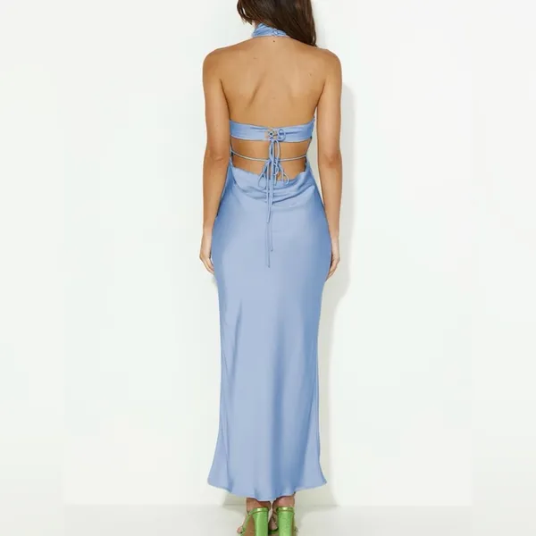 Elegant Light Blue Halter Neck Dress Size L - Image 2