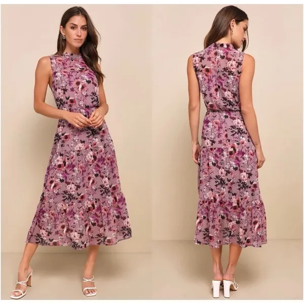 Lulus NWT Cottagecore Purple Floral Midi Dress Sleeveless Chiffon M Romantic - Image 2